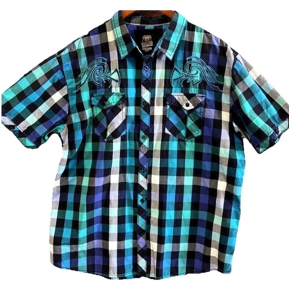 Vintage Route 66 Tribal Embroidered Plaid Button Up Shirt Blue Green White Y2K
